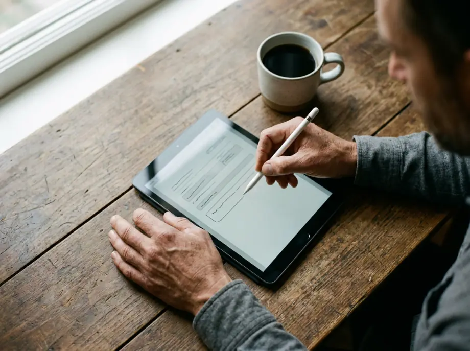 Filling in an online health questionnaire at a table