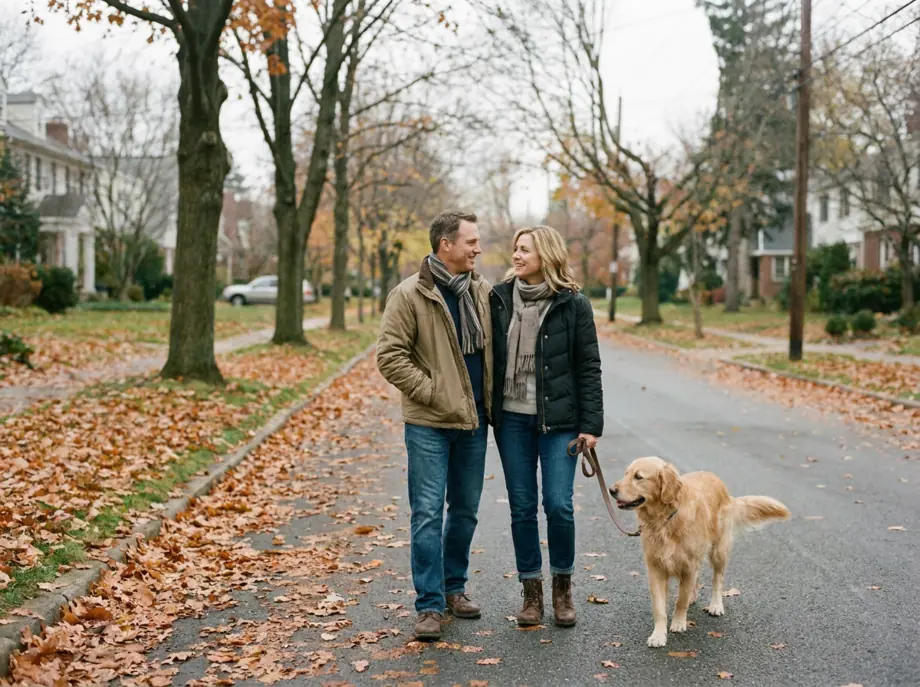 A couple walking their dog together on a suburban street, talking easily